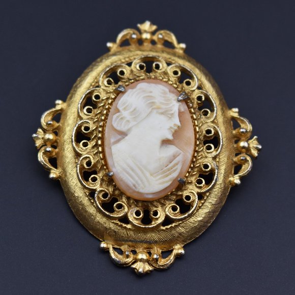Hand carved shell lady cameo pin accent signed Florenza collar pin